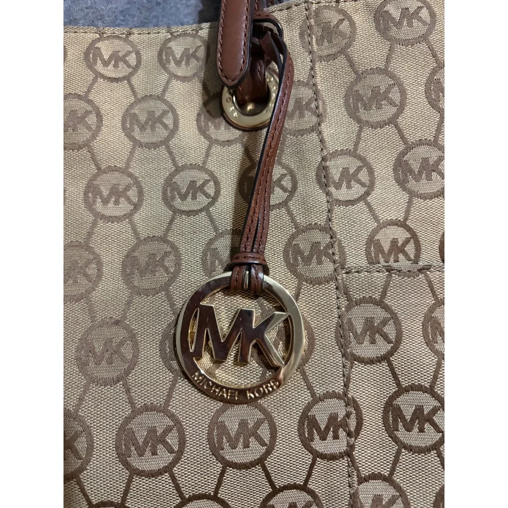 Michael Kors Signature Monogram Tote Bag Brown Jacquard Leather Trim Gold HW